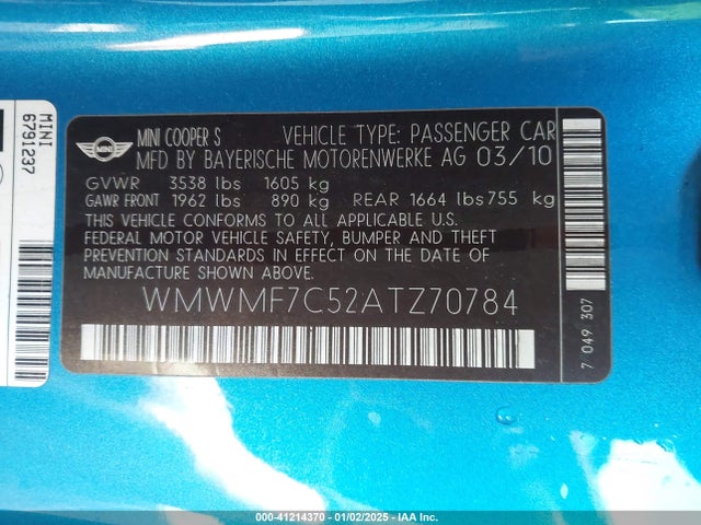 2010 MINI COOPER S WMWMF7C52ATZ70784 Photo 8