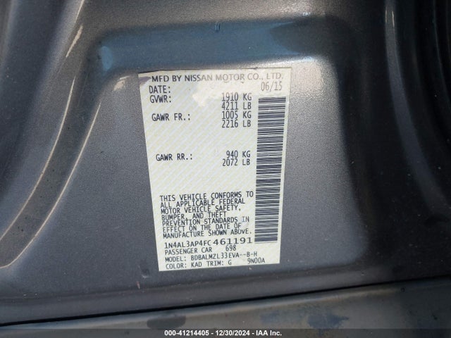 1N4AL3AP4FC461191 Nissan Altima 2.5/s/sv/sl