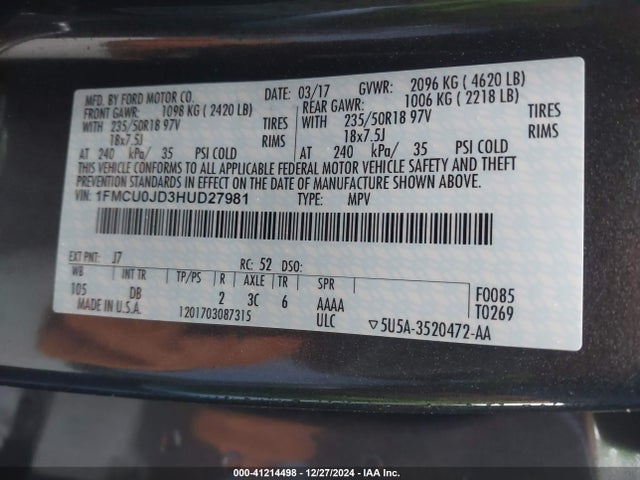 Ford Escape Titanium 2017 1FMCU0JD3HUD27981 Image 9