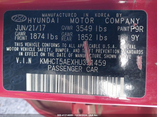 KMHCT5AEXHU351459 Hyundai ACCENT SE