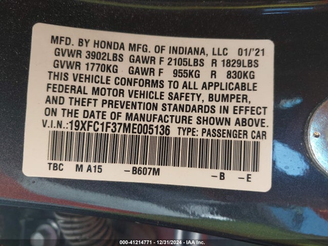Honda CIVIC EX 2021 19XFC1F37ME005136 Image 9