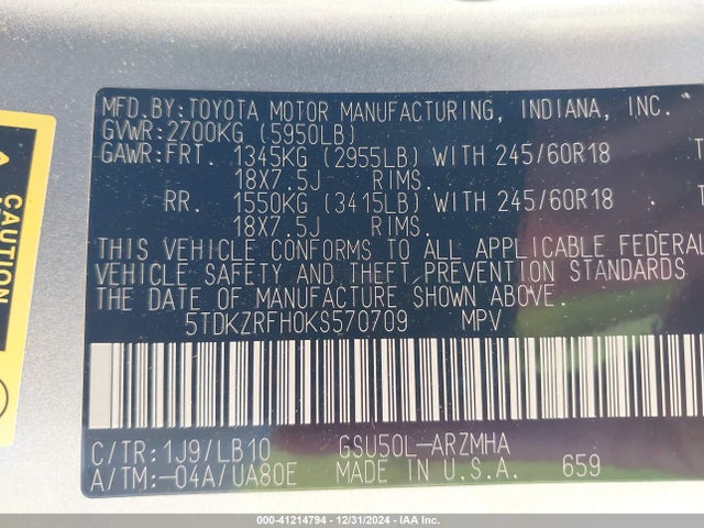 5TDKZRFH0KS570709 Toyota 2gr-fks