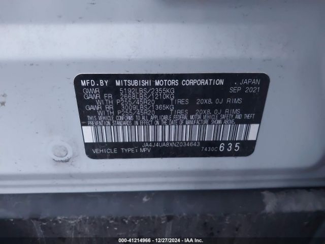 2022 MITSUBISHI OUTLANDER JA4J4UA8XNZ034643 Photo 8