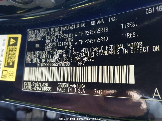 5TDYKRFH8GS178700 Toyota 2gr-fe