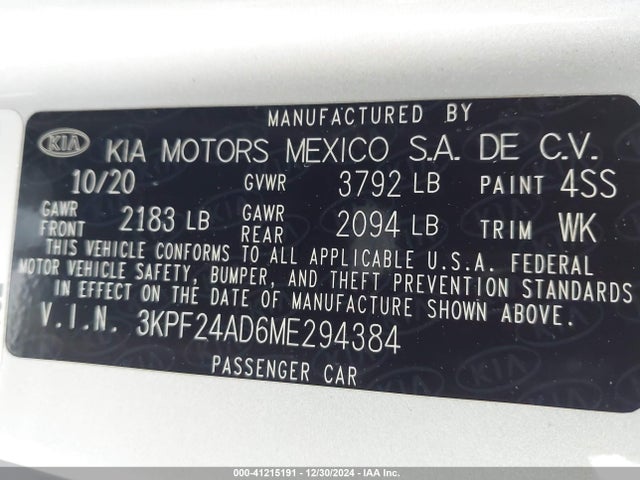 3KPF24AD6ME294384 KIA Forte Lxs