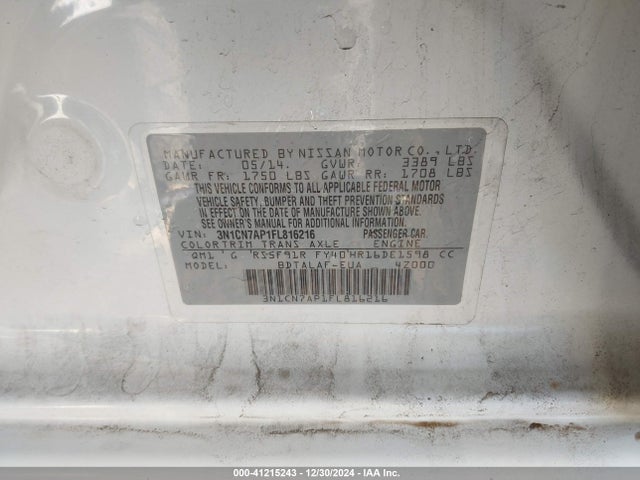 Nissan Versa 1.6 S 2015 3N1CN7AP1FL816216 Image 9