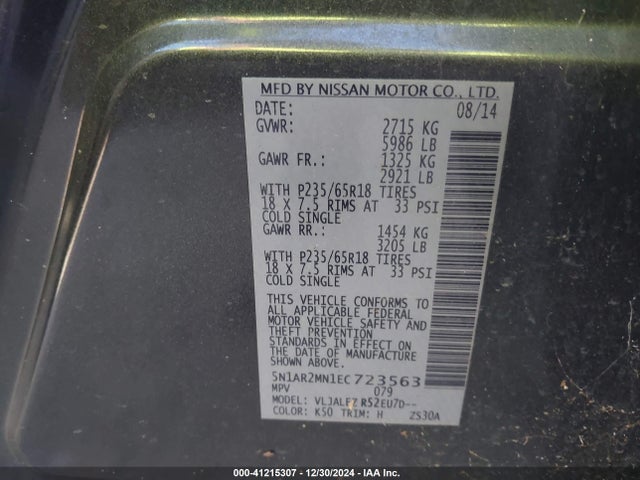 5N1AR2MN1EC723563 Nissan Pathfinder Sv