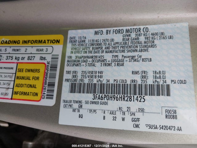 Ford FUSION SE 2017 3FA6P0H96HR281425 Image 9