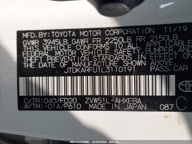 Toyota Prius Le 2020 JTDKARFU1L3110191 Image 9