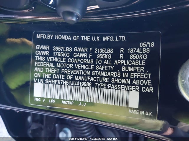 Honda CIVIC EX 2018 SHHFK7H51JU419988 Image 9