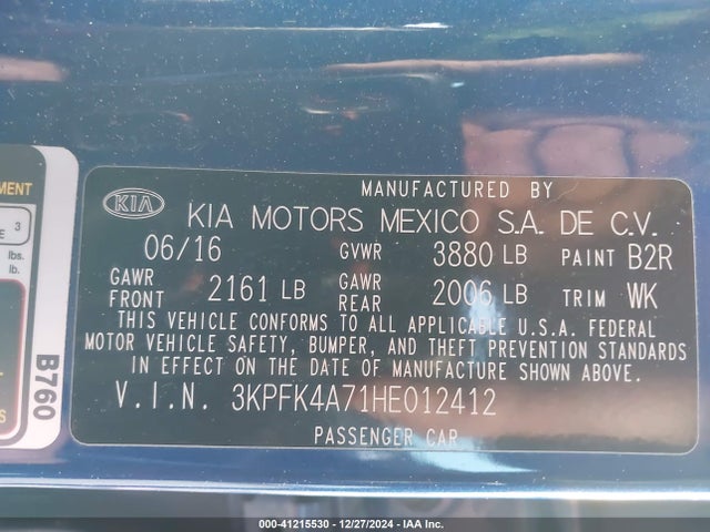 41215530 :رقم المزاد ، 3KPFK4A71HE012412 vin ، 2017 Kia Forte Lx مزاد بيع