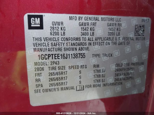 1GCPTEE16J1138755 Chevrolet Colorado Zr2