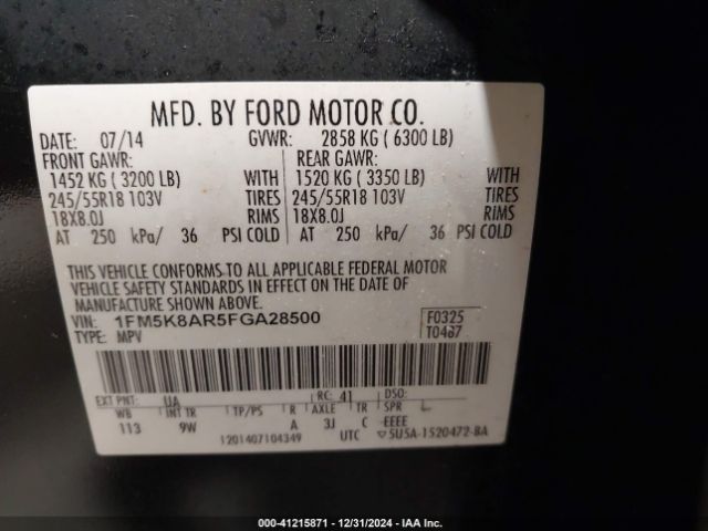 1FM5K8AR5FGA28500 Ford Utility Police Interceptor