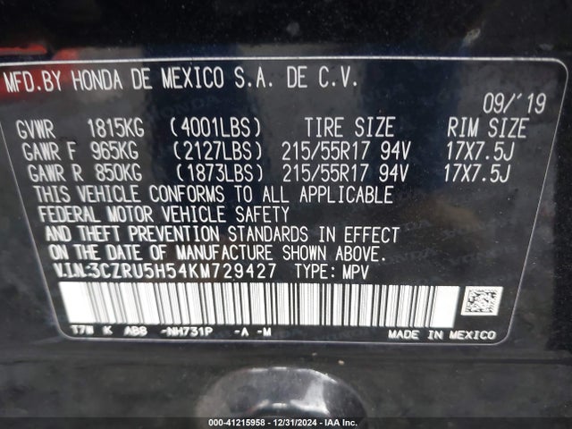 Honda HR-V EX 2019 3CZRU5H54KM729427 Image 9