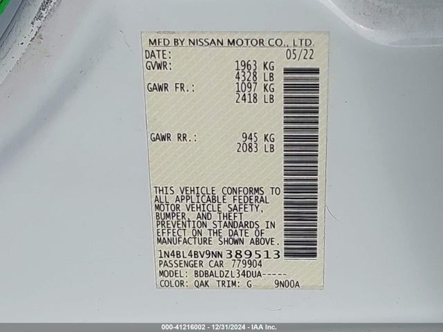 Продаж на аукціоні авто 2022 Nissan Altima 2.5 S, vin: 1N4BL4BV9NN389513, номер лоту: 41216002