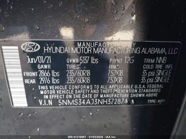 5NMS34AJ3NH372874 Hyundai Santa Fe Sel