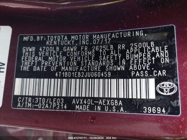 4T1BD1EB2JU060459 Toyota Avalon Hybrid Xle Premium