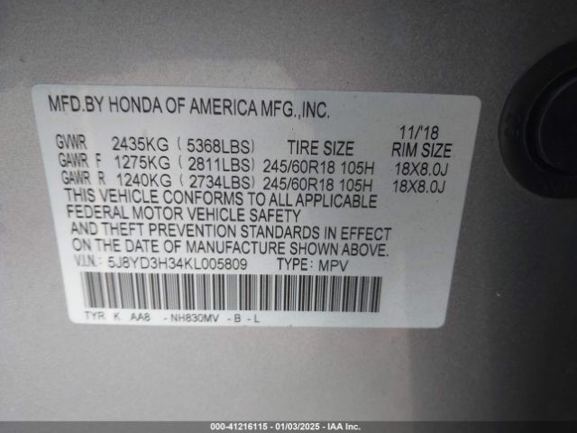 5J8YD3H34KL005809 Acura Mdx Standard