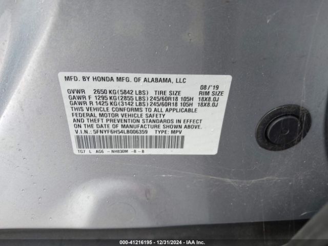 5FNYF6H54LB006359 Honda Pilot Awd Ex-l