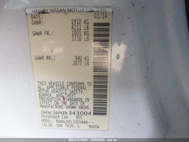 1N4AL3APXEN343004 Nissan Altima 2.5/2.5 S/2.5 Sl/2.5 Sv