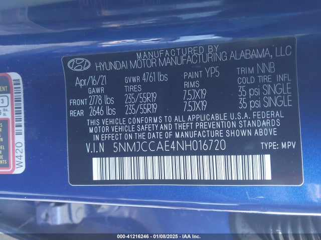 5NMJCCAE4NH016720 Hyundai TUCSON SEL