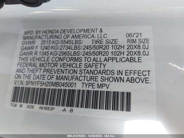 Honda Pilot 2wd Special Edition 2021 5FNYF5H20MB045001 Image 9