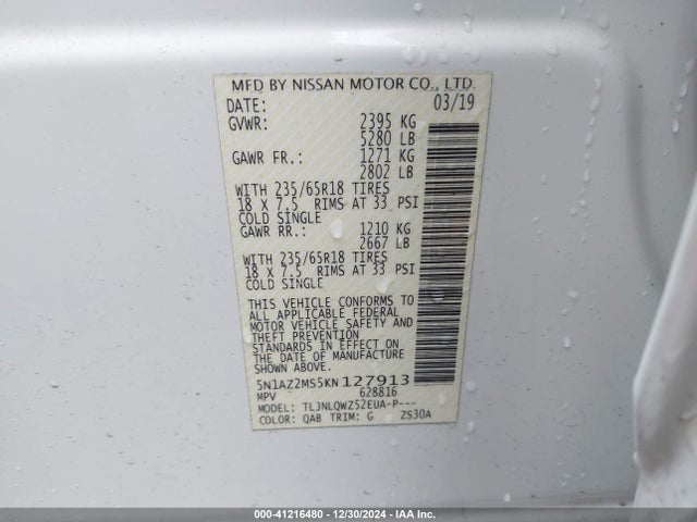 Nissan MURANO SV 2019 5N1AZ2MS5KN127913 Image 9
