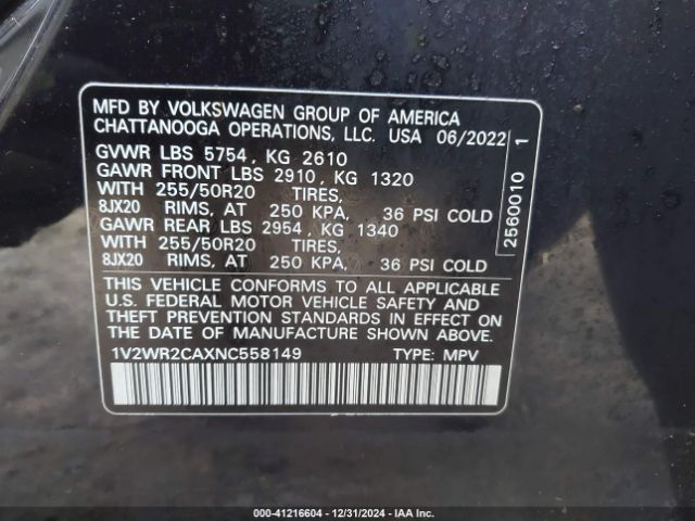1V2WR2CAXNC558149 Volkswagen Atlas 3.6l V6 Se W/technology