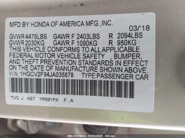 1HGCV2F94JA035878 Honda Accord Touring 2.0t