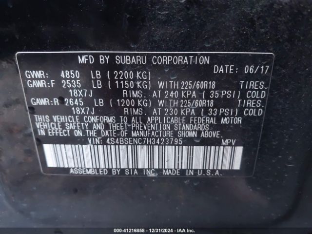 4S4BSENC7H3423795 Subaru Outback 3.6r Limited