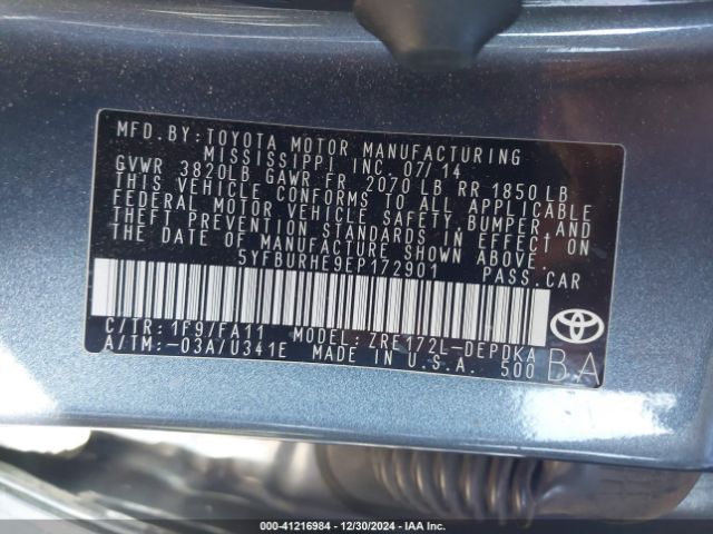 5YFBURHE9EP172901 Toyota COROLLA L
