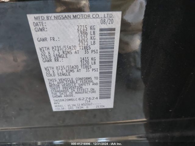 5N1DR2DM6LC627624 Nissan Pathfinder Platinum 4wd