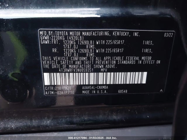 4T3RWRFV3NU059351 Toyota Rav4 Hybrid Xle
