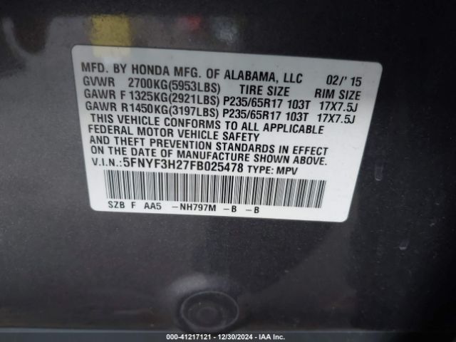 5FNYF3H27FB025478 Honda PILOT LX