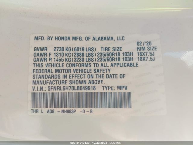 5FNRL6H70LB049918 Honda Odyssey Ex-l/ex-l W/navi   Res