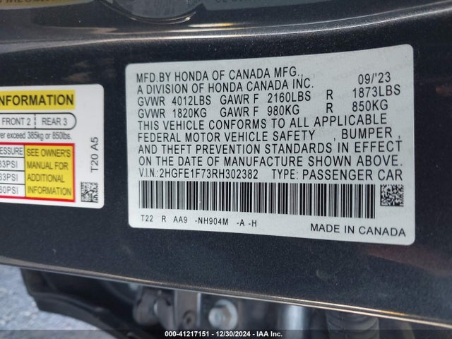 Honda CIVIC EX 2024 2HGFE1F73RH302382 Image 9