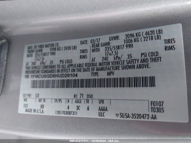 Ford ESCAPE SE 2017 1FMCU0GD8HUD29104 Image 9