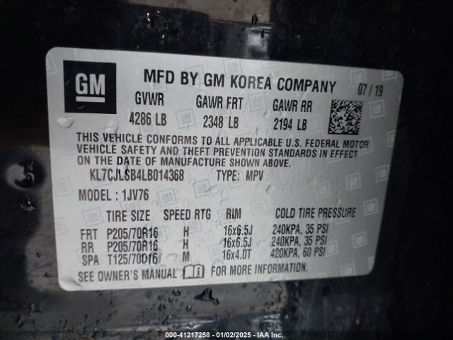 KL7CJLSB4LB014368 Chevrolet Trax Fwd Lt