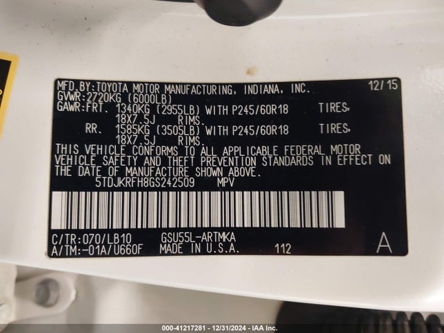 5TDJKRFH8GS242509 Toyota Highlander Xle V6