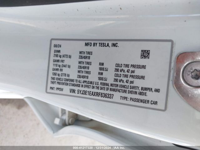 5YJ3E1EAXRF836337 Tesla Model 3 Long Range Dual Motor All-wheel Drive/rear-wheel Drive