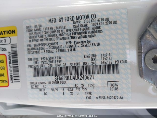 3FA6P0LU4LR240621 Ford Fusion Hybrid Se