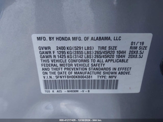 Honda Passport Elite 2019 5FNYF8H00KB004381 Image 9