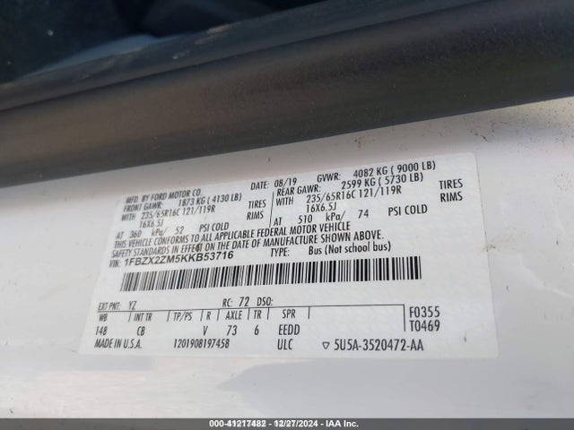 1FBZX2ZM5KKB53716 Ford Transit-350 Xlt