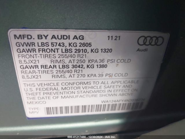WA124AFY4N2038224 Audi Sq5 Sportback Premium Plus Tfsi Quattro Tiptronic