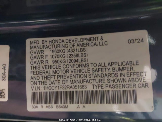 1HGCY1F32RA051683 Honda ACCORD EX