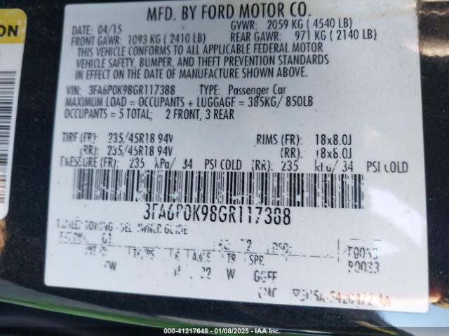 3FA6P0K98GR117388 Ford Fusion Titanium