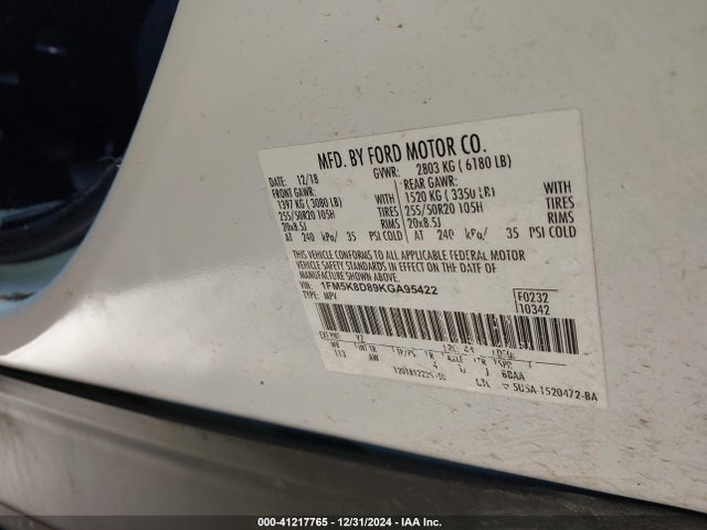 Ford EXPLORER XLT 2019 1FM5K8D89KGA95422 Image 9