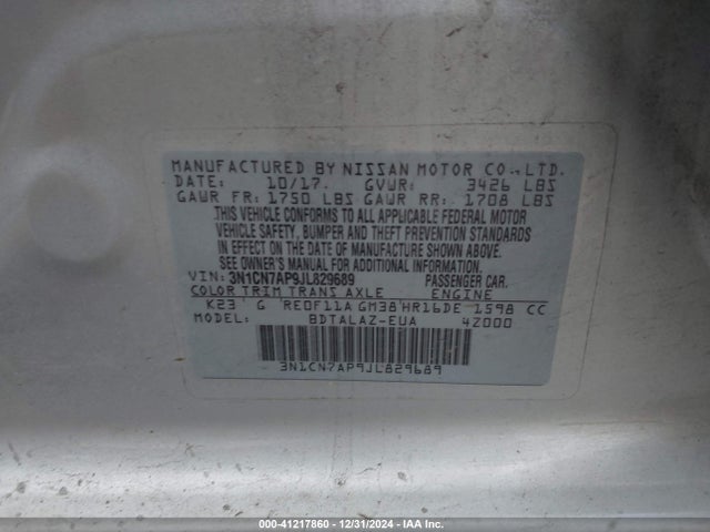 3N1CN7AP9JL829689 Nissan Versa 1.6 S+