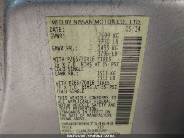 1N6AD0FR9EN754648 Nissan Frontier Sv