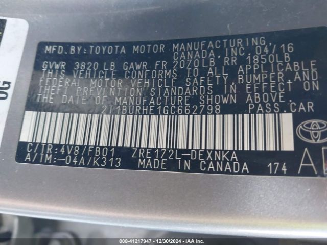 2T1BURHE1GC662798 Toyota Corolla Le Plus
